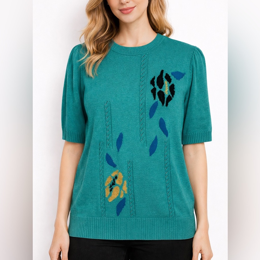 Vintage Freya Strickmoden Teal Knit Short Sleeve Sweater Germany Size 40 M Retro
